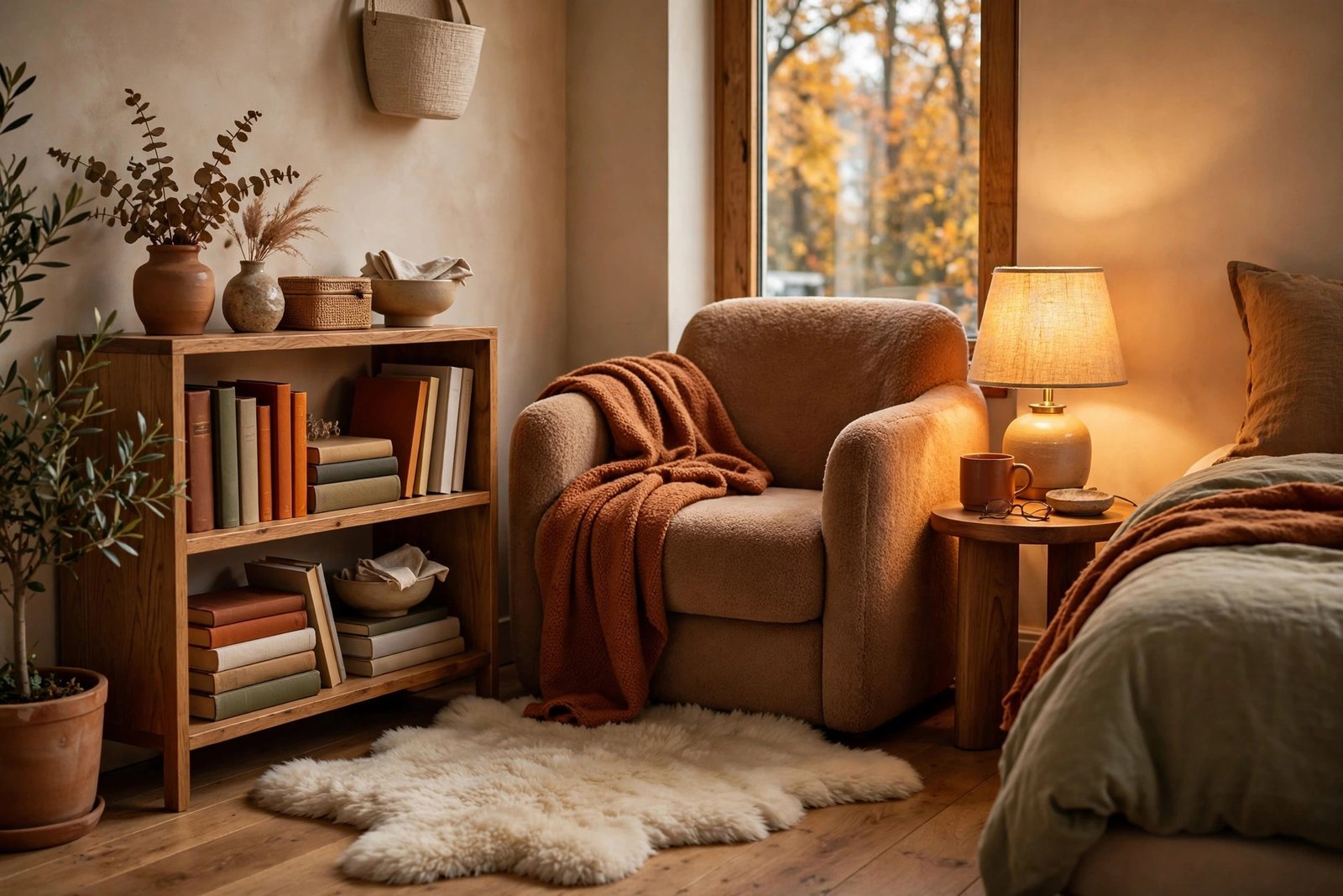 A Reading Corner with a Sheepskin Rug