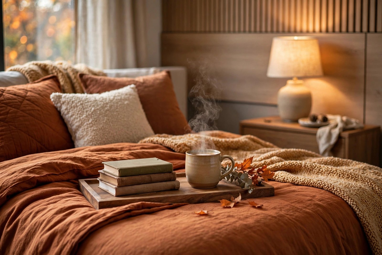 Wooden Tray with Books and a Warm Mug