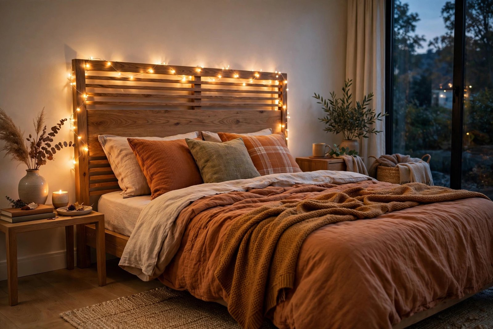 Fairy Lights Woven Around the Headboard