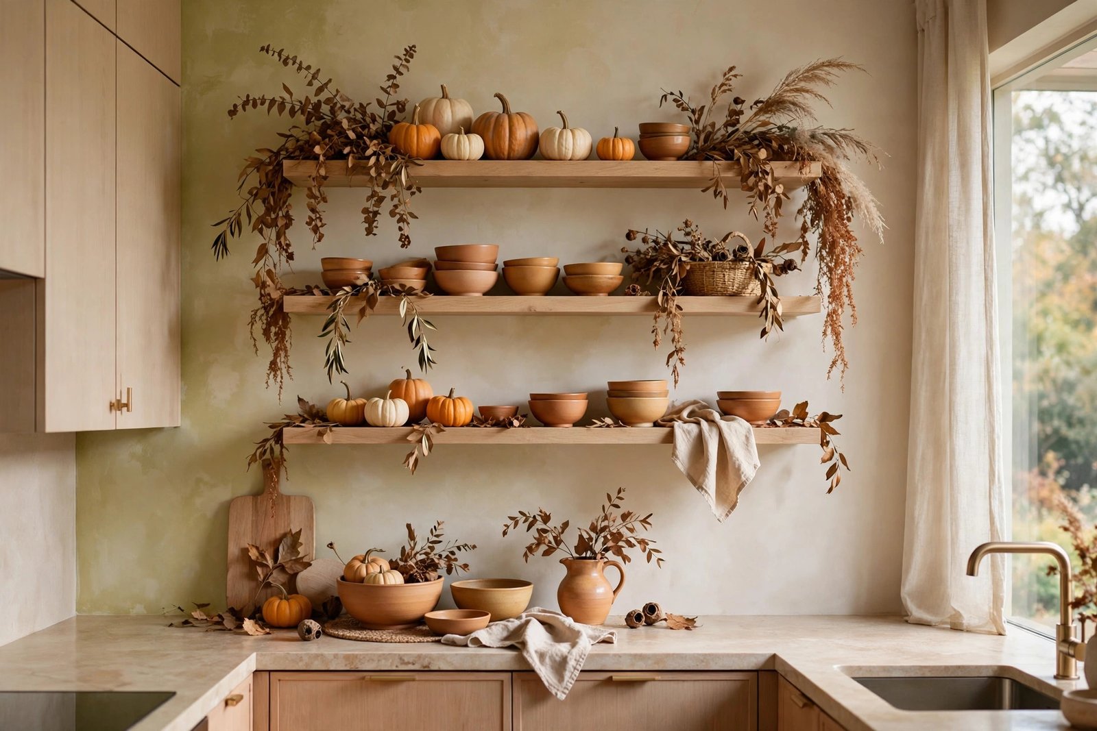 Open Shelves Styled with Pumpkins
