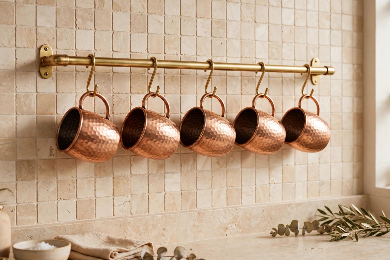 Hammered Copper Mugs on Display