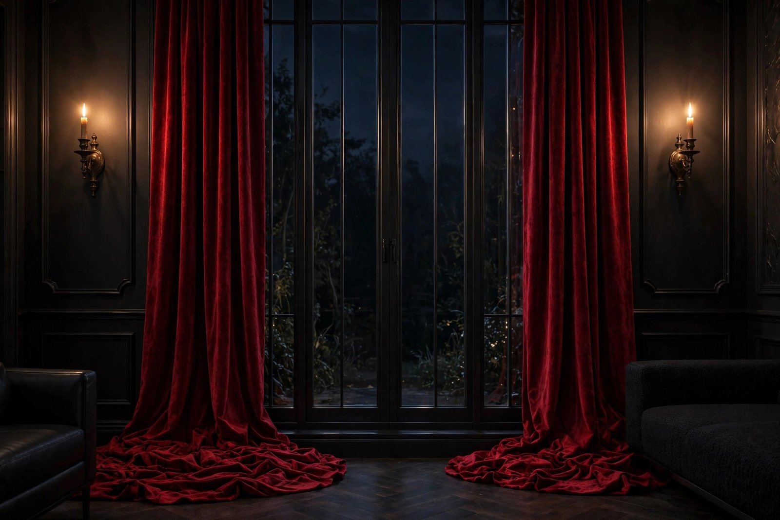 Crimson Velvet Curtains with Brass Candle Sconces