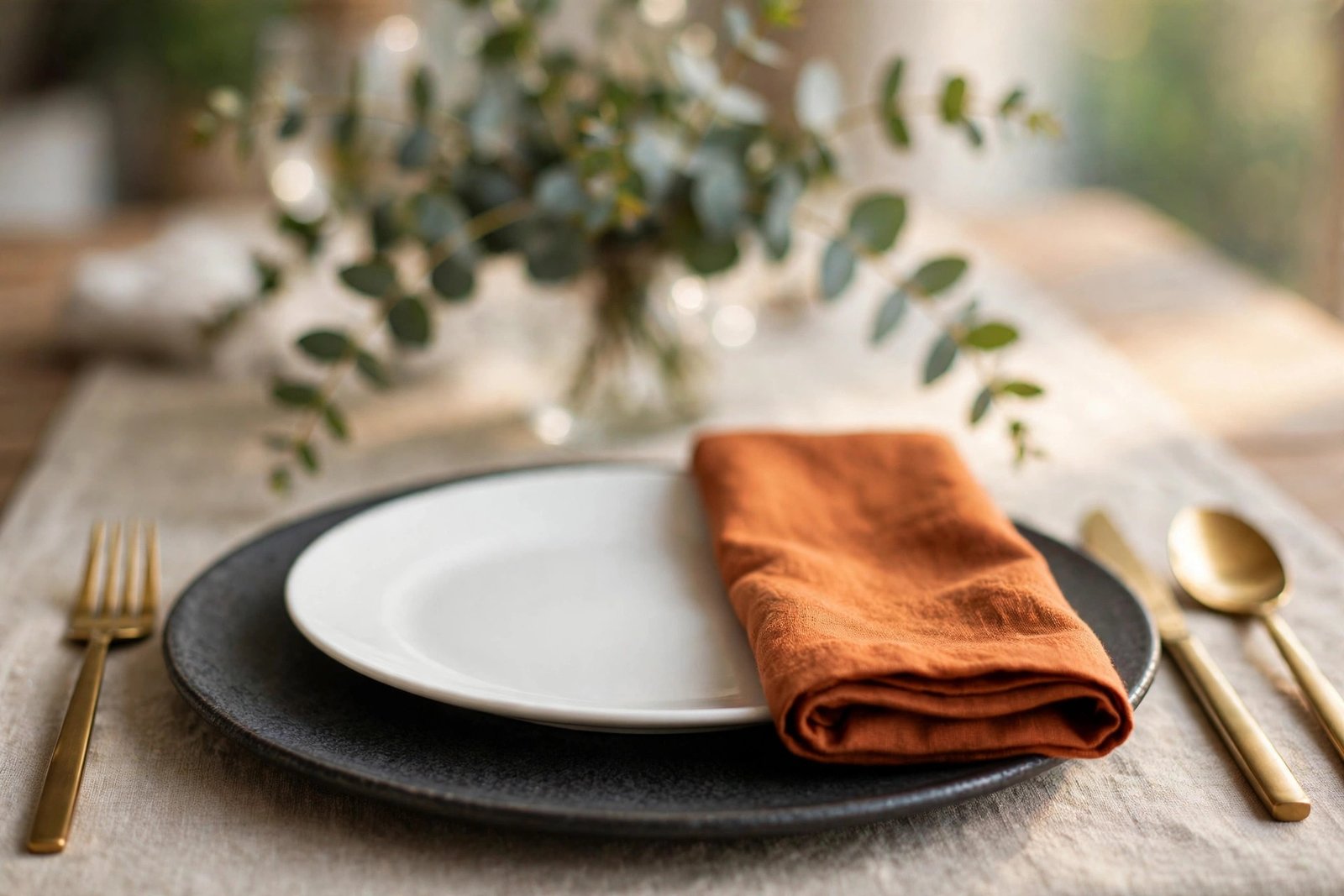 Matte Ceramic Chargers with Gold Flatware