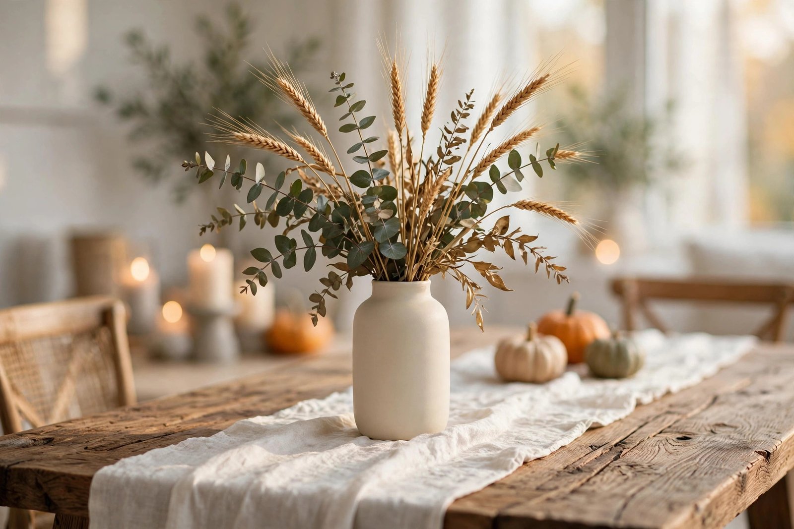 A Tall Vase of Eucalyptus and Dried Wheat