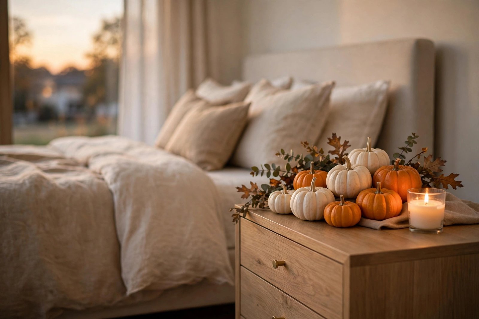 Cluster Mini Pumpkins on the Nightstand