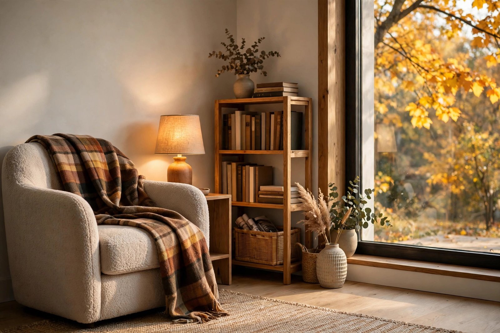 Cozy Reading Nook with Plaid Blanket