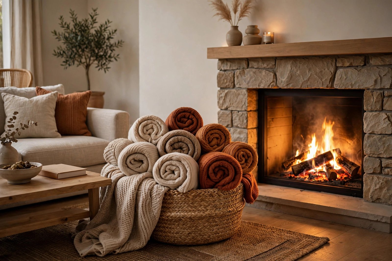 Basket of Throws by the Fireplace