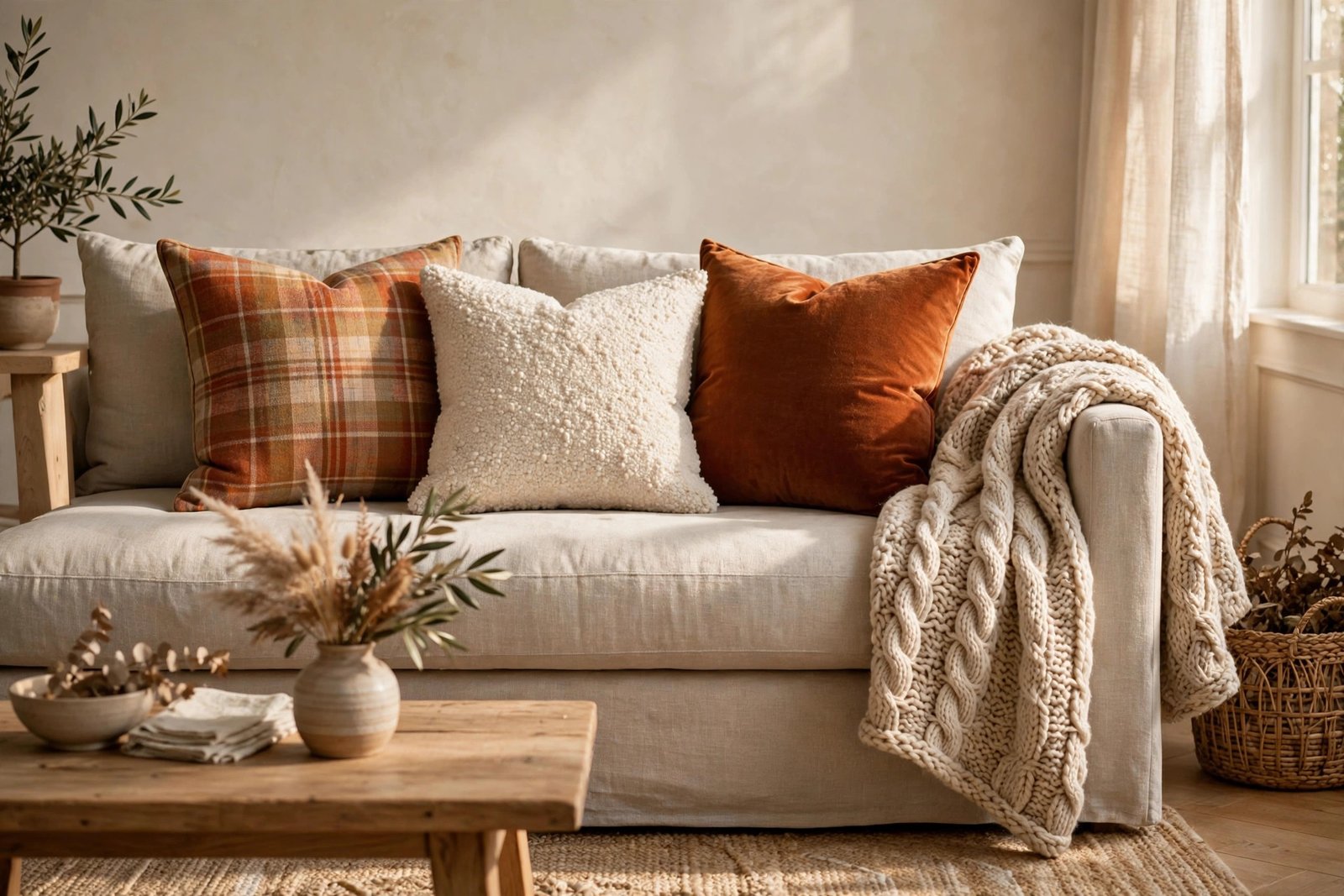 Layered Plaid and Bouclé Pillows