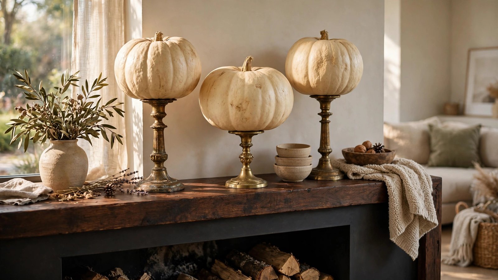 Oversized Cream Pumpkins on Brass Candlesticks