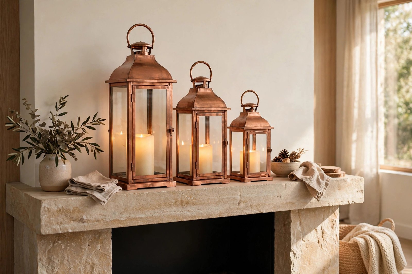 A Trio of Copper Lanterns with Flameless Candles