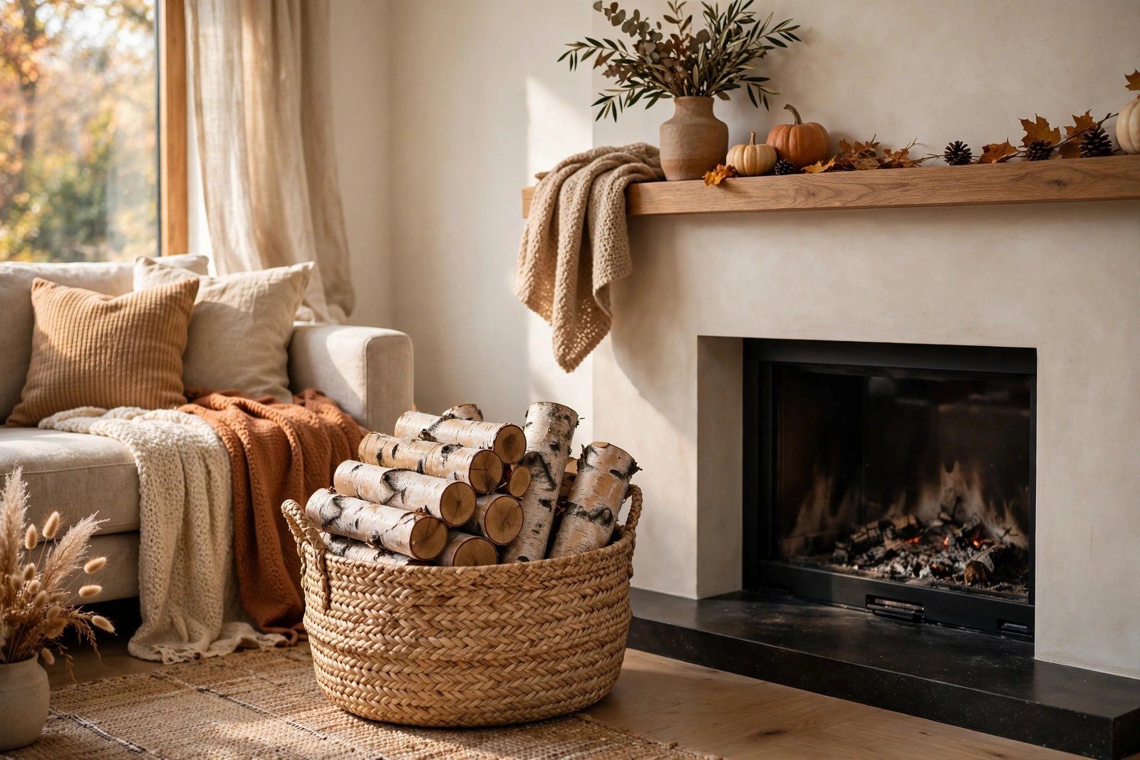 Birch Logs in a Woven Seagrass Basket