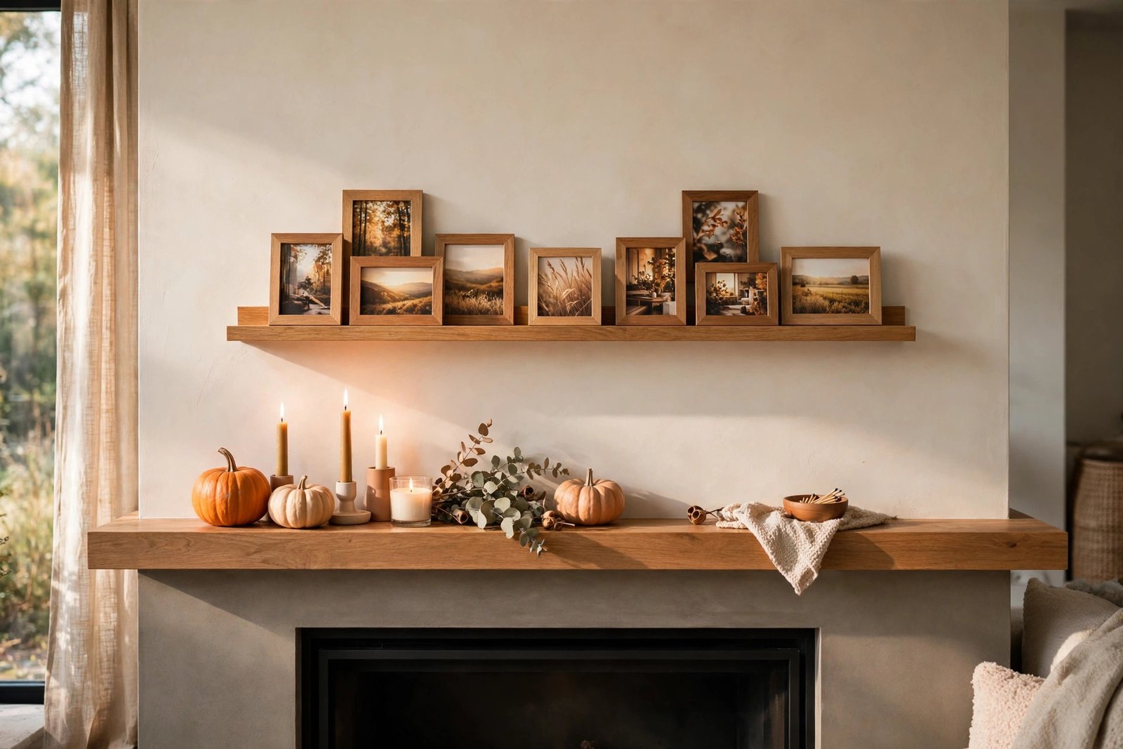 A Photo Ledge of Warm Wood Frames