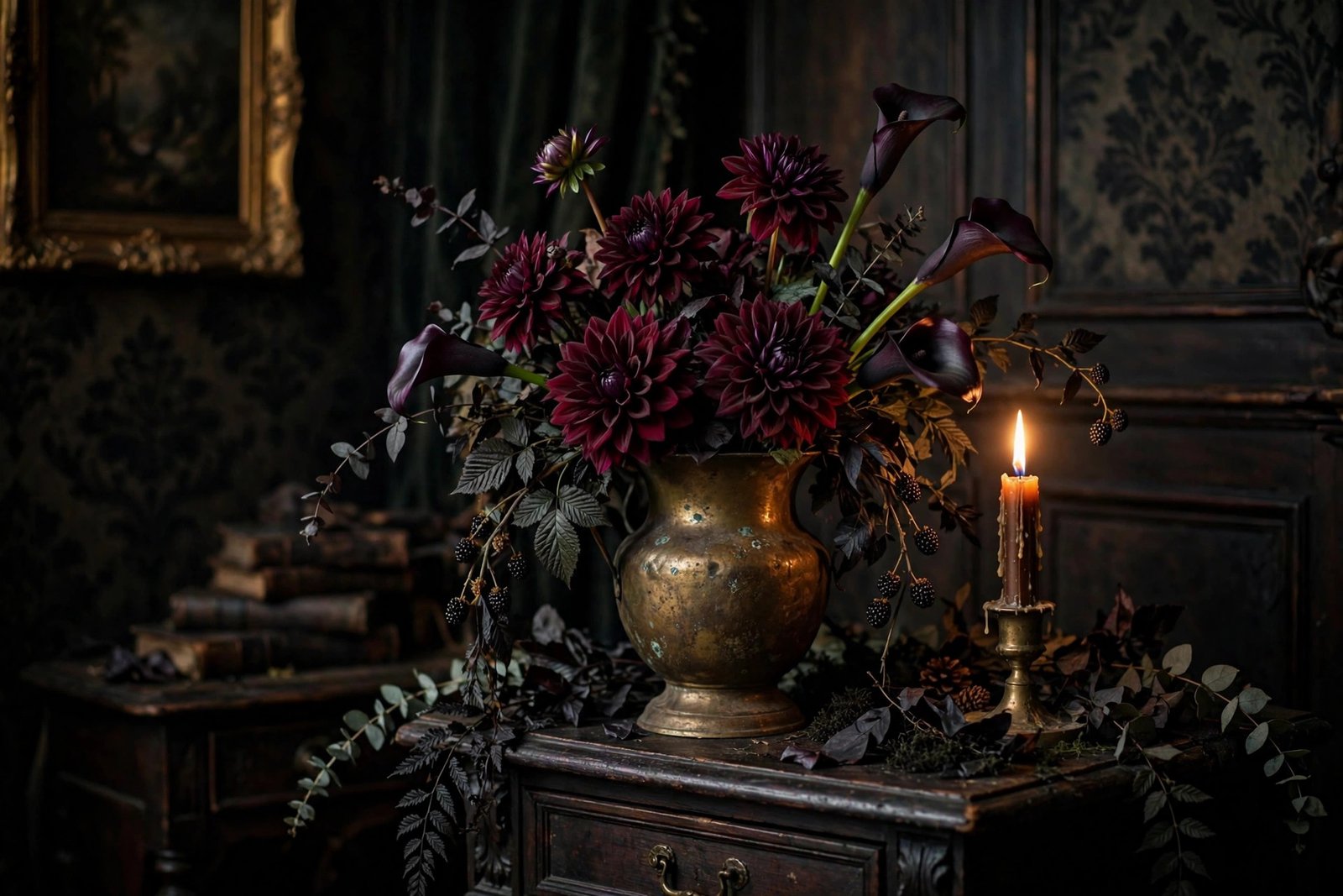 Dark Floral Arrangement in a Thrifted Vase