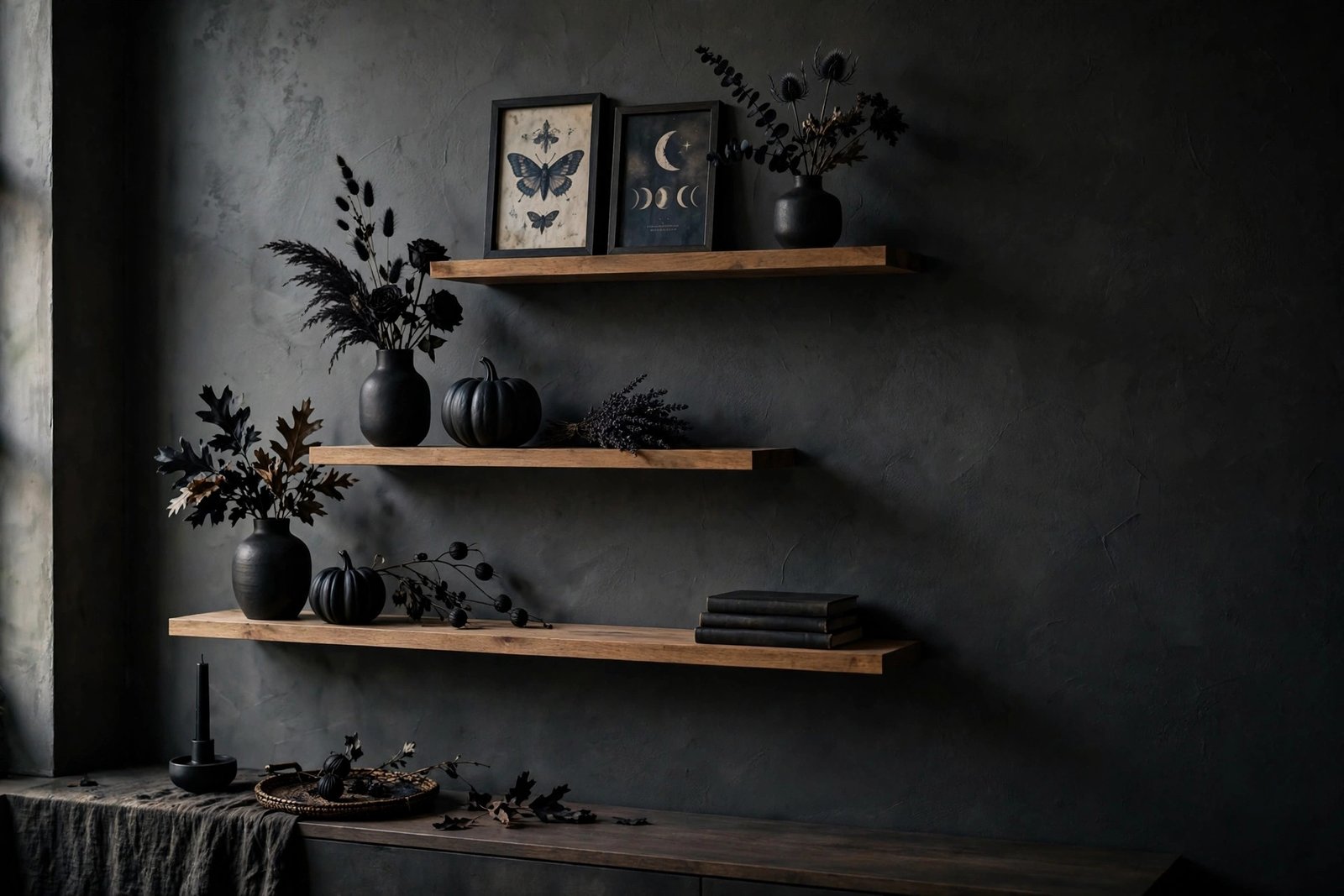 Floating Shelves Styled with Dark Art