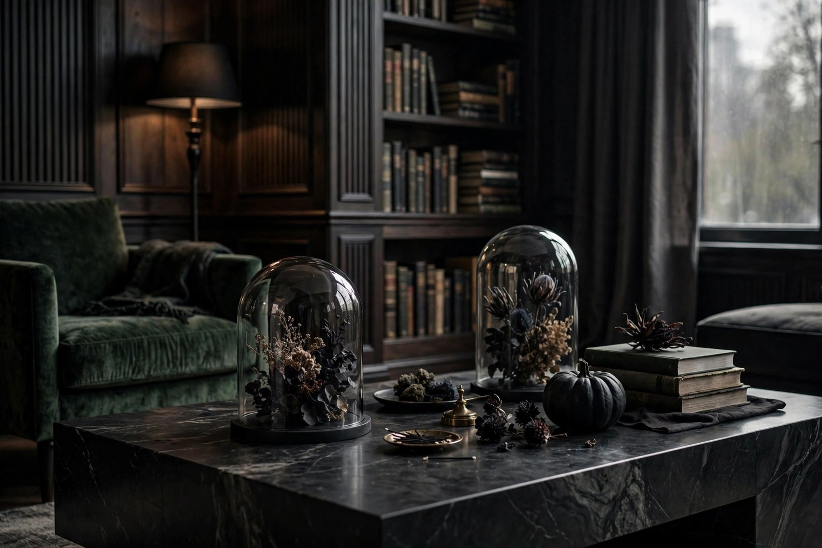 Smoked-Glass Cloches over Dark Botanicals