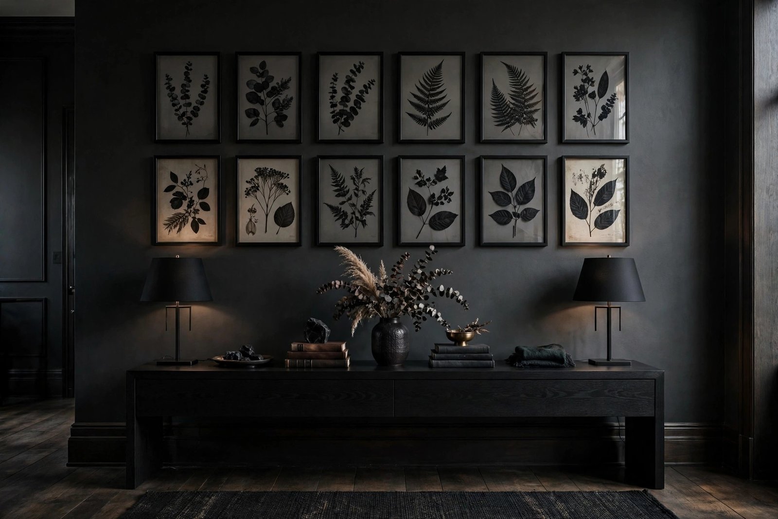 Thin-Frame Gallery Wall of Dark Botanical Prints