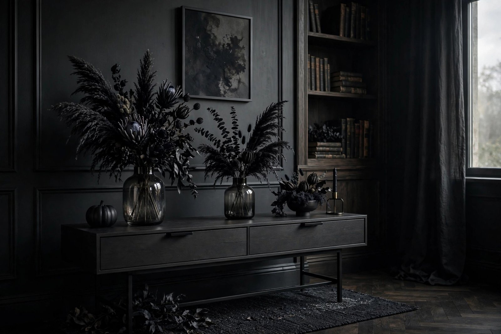 Smoked Glass Vases with Dried Blooms
